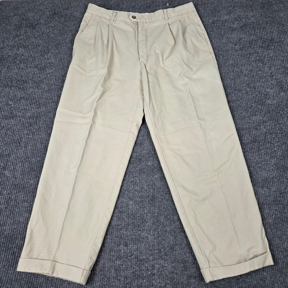 Cutter & Buck Mens 38x29 Pleated Chino Pants Tan Khaki Heavy Cotton Twill Cuffed
